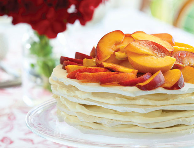 Peach meringue stack with peach syrup