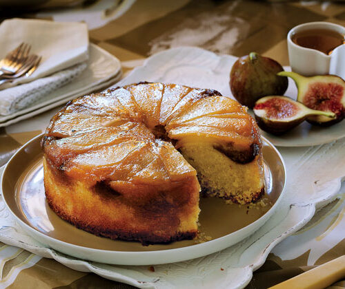 Pear, fig & ginger upside-down cake with ginger syrup