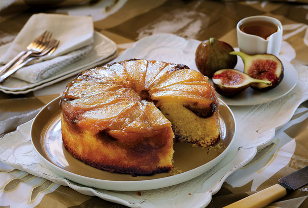 Pear, fig & ginger upside-down cake with ginger syrup