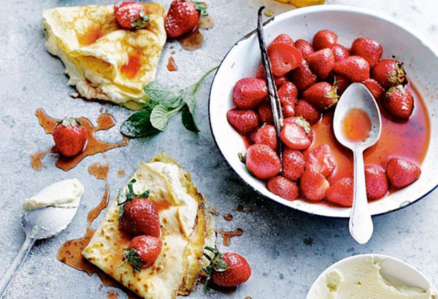 Coconut crepes with maple ricotta and strawberries