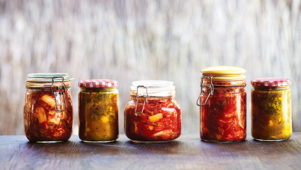 Jars of kimchi, pickles and chutney