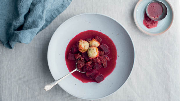 Beetroot, beef and bacon soup with cream cheese dumplings