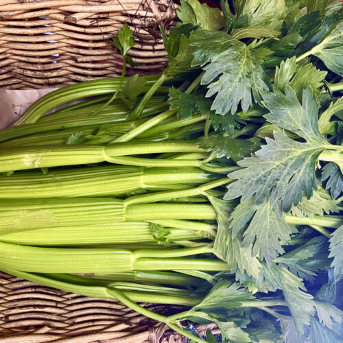 Bunch of celery in a basket.