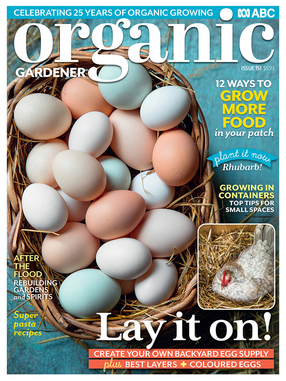 ABC Organic Gardener magazine cover features a straw basket filled with colourful eggs.